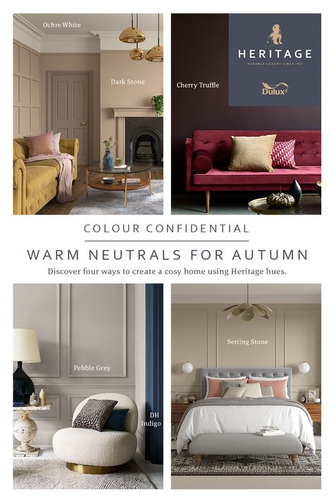 Warm neutrals instantly crank up the cosiness in any room and you’ll find plenty in the Dulux Heritage collection. From the softest beige to the deepest brown, our warm neutrals draw on inspiration from the past and have been refined for modern homes. Dulux Brown Paint Color Palettes, Deluxe Heritage Colours, Dulux Warm Neutrals, Warm Modern Living Room, Dulux Heritage Colours, Heritage Paint Colours, Warm Neutral Paint Colors, Heritage Paint, Brown Paint Colors