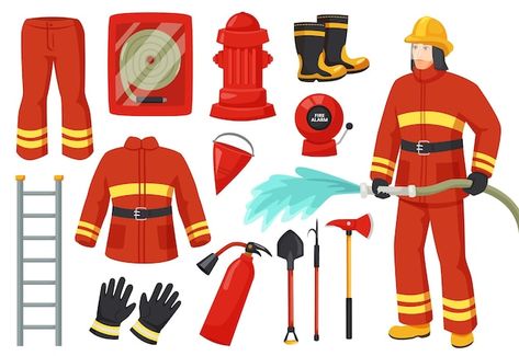 Fireman Cartoon, Firefighter Character, Cartoon Firefighter, Fireman Uniform, Community Helpers Lesson Plan, Community Helper Lesson, Fireman Cake, Fire Equipment, Community Helpers