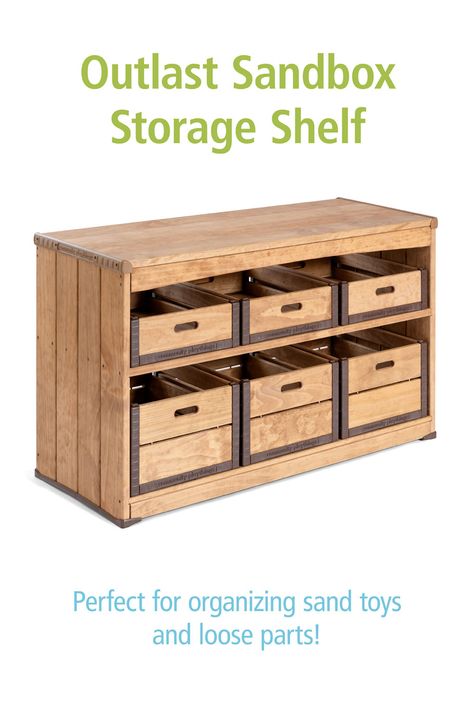 This outdoor storage shelf provides a beautiful, durable way to store all those sand toys and loose parts that you need in the playground. With child-height shelves and two sizes of crates, children can learn the value of picking up the play yard and organizing outdoor play equipment. Choose from two sizes for a storage shelf that fits your space. Tap through for details, and to find more outdoor storage ideas! Outdoor Storage Shelf, Outdoor Storage Ideas, Outdoor Kids Play Area, Outdoor Learning Spaces, Kids Outdoor Play, Outdoor Play Area, Play Yard, Sand Toys, Outdoor Play Equipment