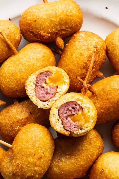 These homemade mini corndogs are actually cocktail weenies stuffed with cheddar cheese and dipped in our amazing cornmeal breading. You’ll never want store-bought mini corndogs again! Cocktail Wieners, Cocktail Weenies, Fried Cheese Curds, Mini Corn Dogs, Meatloaf Muffins, Georgia Bulldog, Cheese Curds, Cheese Appetizers, Corn Dogs