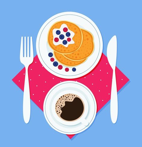 Breakfast pancakes on a plate, with a fork and knife and a cup of coffee on a napkin. Vector illustration in flat style Breakfast Illustration, Restaurant Images, Fork And Knife, Credit Card Design, Water Pollution, Breakfast Plate, Illustration Food, Breakfast Pancakes, A Cup Of Coffee