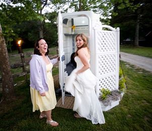 This is a good idea for porta potties at outdoor wedding too. Porta Potty Wedding, Wedding Restroom, Lawn Party Decorations, Domestic Partnership, Porta Potty, Portable Restrooms, Rustic Garden Wedding, Charleston Sc Wedding, Lawn Party