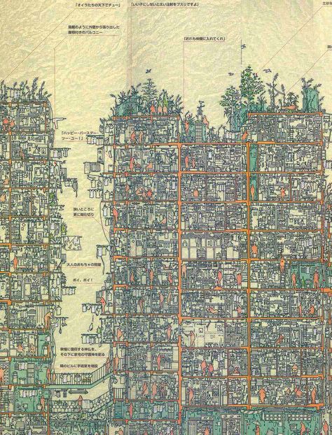 An Illustrated Cross Section of Hong Kong’s Infamous Kowloon Walled City illustration Hong Kong history architecture Kowloon Walled City, Colossal Art, Walled City, Kew Gardens, Cross Section, Old Map, Urban Planning, Old City, City Map