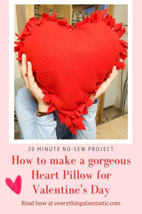 Not all DIY craft projects with fabric involve a sewing machine or a glue gun! Perfect for those who don't know how to sew or even for kids to do! This no sew knotted heart cushion is super cute, super simple and super fast to make. Follow the link for all the details! | diy valentines decor | diy valentines gift | diy home decor | no sew project | project with scraps | fabric heart | heart pillow | heart cushion | crafts for kids | crafts for adults | easy craft project | #crafts #valentinesday No Sew Fabric Hearts, Valentines Gift Diy, Crafts For Adults Easy, Diy Valentines Decor, Diy Valentines Gift, Free Gift Idea, Holiday Activities For Kids, Heart Cushion, Valentine's Day Crafts For Kids