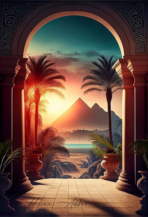 Egyptian City Art, Egyptian Landscape, Egyptian Landscape Art, Egypt Fantasy Art, Ancient Egyptian Art Drawing, Egypt Background, Egyptian Background, Egypt Wallpaper, Ancient Egypt Aesthetic