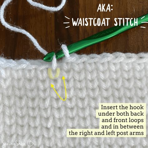 Waist Coat Stitch Crochet Pattern, Knitted Waistcoat Outfit, Knit Look Crochet Stitch, Crochet Station, Waistcoat Stitch Crochet, Crochet Reference, Crochet Knit Stitch, Creepy Crochet, Crochet Butterfly Free Pattern