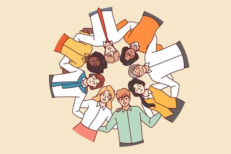 Bottom view of diverse multiracial people stand in circle hugging showing unity and support. Multiethnic men and women embrace demonstrate shared values. Vector illustration. Prinsipyong Subsidiarity Picture, Diverse People Illustration, Diverse People, Different Races, Community Engagement, People Illustration, Strong Relationship, Vector Art, Vector Illustration