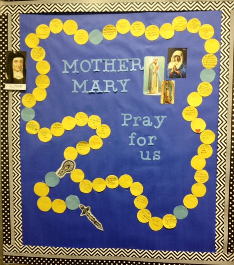 Rosary bulletin board                                                                                                                                                     More Virgin Mary Bulletin Board Ideas, Month Of The Rosary Bulletin Board, Faith Formation Bulletin Boards, Rosary Bulletin Board Ideas, Rosary Bulletin Board, Catholic Bulletin Board Ideas, Bulletin Boards For School, Boards For School, Catholic Bulletin Boards