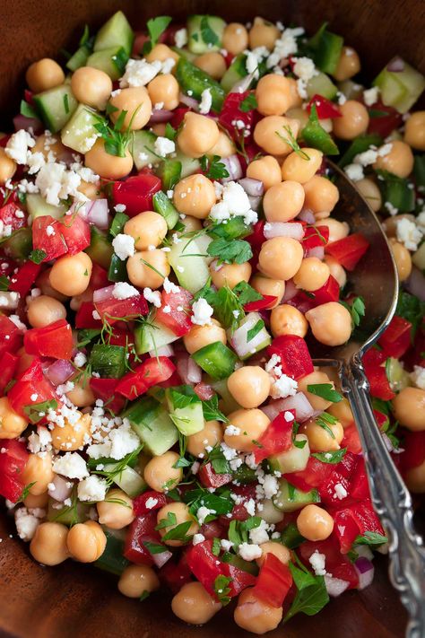 Chickpea Salad With Feta, Chickpea Feta Salad, Chickpea Feta, Spanish Salad, Mediterranean Chickpea, Greek Chickpeas, Mediterranean Chickpea Salad, Creamy Feta, Salads For A Crowd