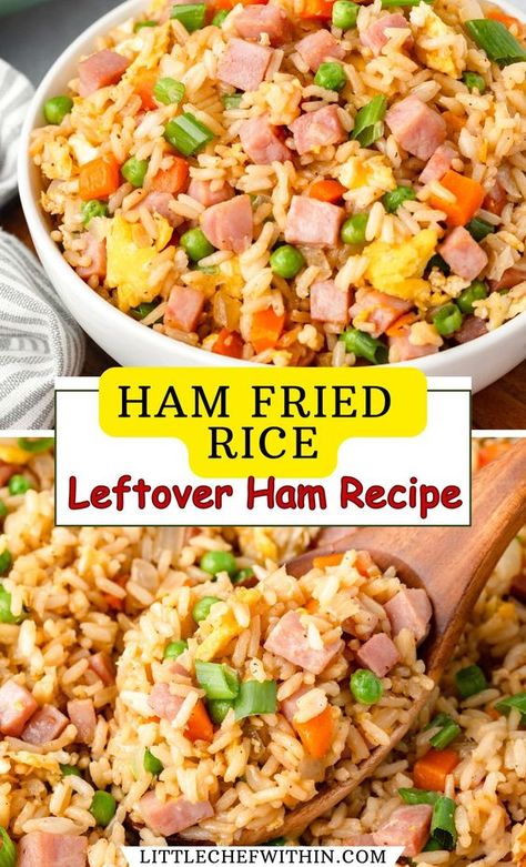 Try this quick and easy Ham Fried Rice recipe, perfect for using up leftover ham! Made in one pan with rice, vegetables, and flavorful seasonings, this dish is ready in minutes. Great for busy weeknights or meal prep, this family-friendly recipe is a delicious way to transform leftover holiday ham. Leftover Cooked Ham Recipes, Fried Rice Ham, How To Use Up Ham, Quick Ham Recipes, Leftover Boneless Ham Recipes, Leftover Ham And Rice Recipes, Rice And Ham Recipes, Fried Rice With Ham, Ham Fried Rice Recipe Chinese Food