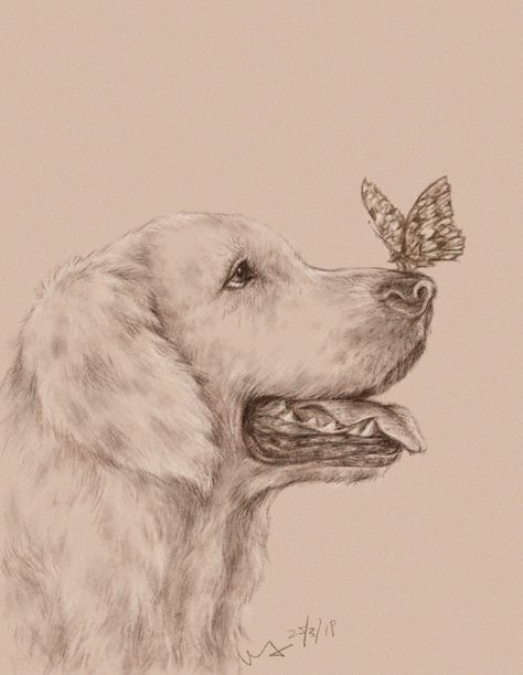 Dog And Butterfly Drawing, Butterfly On Nose Drawing, Dog With Butterfly On Nose, Butterfly On Nose, Dog And Butterfly, Animals Butterfly, Nose Drawing, Dog Nose, Kids Watercolor