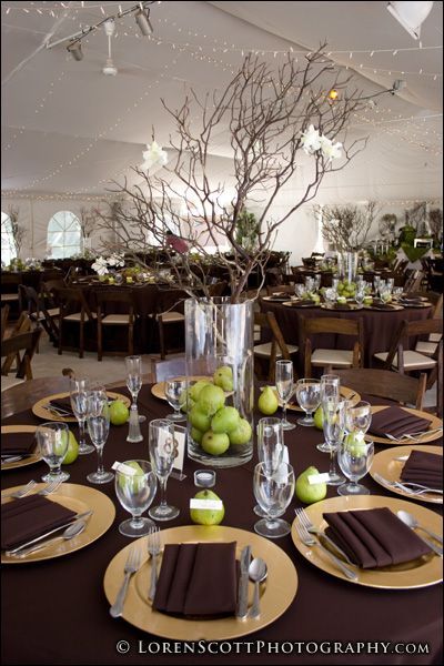 green and brown party | Green and Brown Centerpiece | Table, Buffet and Party Ideas Green Brown Wedding, Chocolate Brown Wedding, Manzanita Centerpiece, Branch Vase, Branch Centerpiece, Tree Branch Centerpieces, Green Wedding Decorations, Tree Centerpiece, Branch Centerpieces