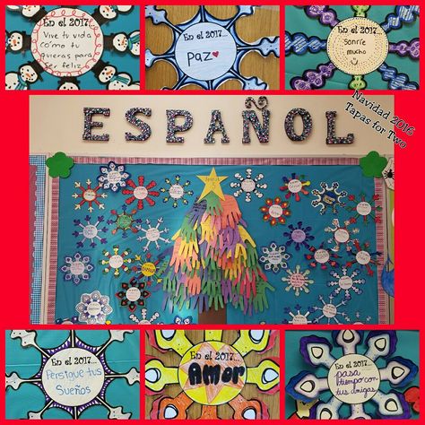 This is a collaborative bulletin board where all my classes, all levels participated. My Spanish V made the tree with wishes for the new year (subjunctive), my Spanish IV classes gave advice for the new year (tú commands), and my Spanish II conversational wrote words, with the help of a dictionary, of things they wanted everyone to have this new yesr. I absolutely love this bulletin board! Collaborative Bulletin Board, Spanish Bulletin Boards, Wishes For The New Year, World Language Classroom, Bullentin Boards, Winter Bulletin Boards, Spring Bulletin Boards, Spanish Activities, Classroom Bulletin Boards