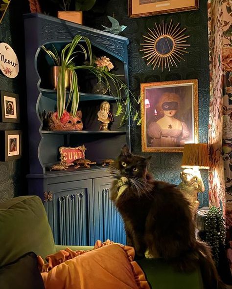 Maximalist Decor Grey Walls, Goth Maximalist Decor, Maximalist Diy Decor, Whimsygoth House Decor, Dark Maximalist Bedroom, Moody Eclectic Decor, Moody Maximalist Decor, Dark Maximalist Decor, Dark Eclectic Home