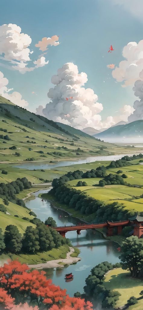 Wallpaper Ukuran 16:9, Anime Art Aesthetic Landscape, Illustrated Phone Wallpaper, Ghibli Nature Wallpaper, Ghibli Landscape Scenery, Anime Nature Aesthetic Wallpaper, Wallpaper Backgrounds Landscape, Cute Lockscreen Wallpaper, Ghibli Scenery