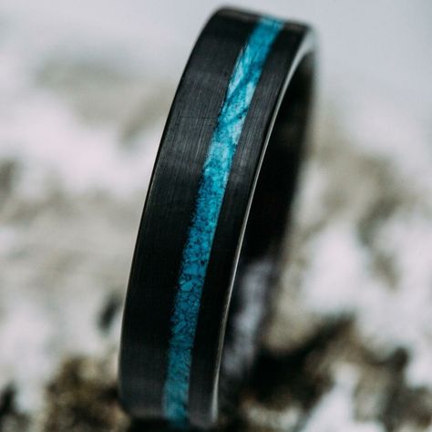 Turn heads with a pop of color with this Black Tungsten Wedding Band with a turquoise accent! Mens Wedding Rings Black, Tungsten Engagement Rings, Teal Rings, Turquoise Wedding Rings, Mens Wedding Rings Tungsten, Turquoise Wedding Band, His Ring, Mens Black Ring, Black Tungsten Wedding Band