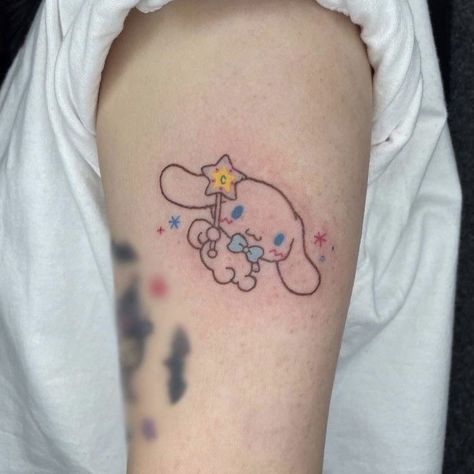 Cinnamonroll Sanrio Tattoo, Sanrio Tattoo Ideas, Cinnamoroll Tattoo, Cutesy Tattoos, Aesthetic Cinnamoroll, Sanrio Tattoos, Y2k Ideas, Tattoos Aesthetic, Tattoo Cute