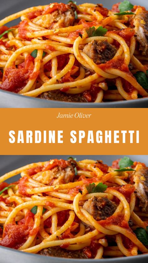 Jamie Oliver Sardine Spaghetti Sardines Pasta Recipes, Pasta With Sardines Recipe, Canned Sardines In Tomato Sauce Recipe, Recipes With Sardines, Sardine Sauce, Sardine Spaghetti, Pasta Sardines, Sardines In Tomato Sauce Recipe, Sardines Recipes Canned