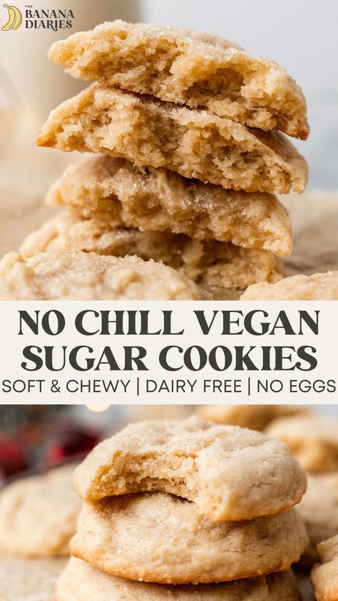 These perfectly soft drop-style sugar cookies are made unbelievably dairy free and without eggs, yet have the most deliciously crisp outer edges with chewy middles. Different from cut-out vegan sugar cookies, this drop-style version is easy to make with just a whisk and ready in 15 minutes (no chilling required!) for your new favorite vegan Christmas cookie recipe! Sugar Free Vegan Desserts, Vegan Christmas Cookies Recipes, Banana Diaries, Gluten Free Vegan Recipes Desserts, Vegan Dessert Bars, Easy Vegan Cookies, Vegan Gluten Free Cookies, Vegan Christmas Cookies, Vegan Sugar Cookies