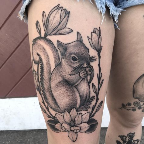 Emily Horstman on Instagram: squirrel tattoo Neo Traditional Squirrel Tattoo, Squirrel Drawings, Autumn Tattoos, Illustrative Blackwork, Acorn Tattoo, Vertical Tattoo, Squirrel Drawing, White Rabbit Tattoo, Squirrel Tattoo