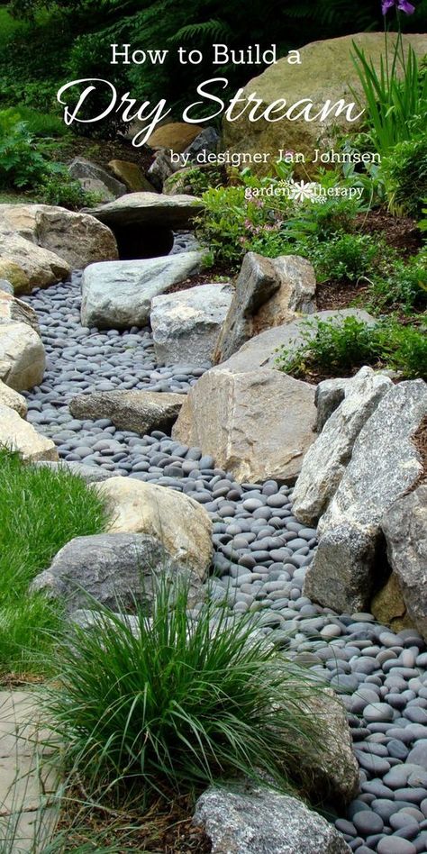 Award-winning landscape designer, Jan Johnsen, explains what a dry stream is, why it’s a good addition to the garden, and how to build one. Dry Stream, Kolam Koi, Rock Garden Landscaping, Dry Creek, Have Inspiration, Rain Garden, Landscaping Tips, Garden Features, Landscaping With Rocks