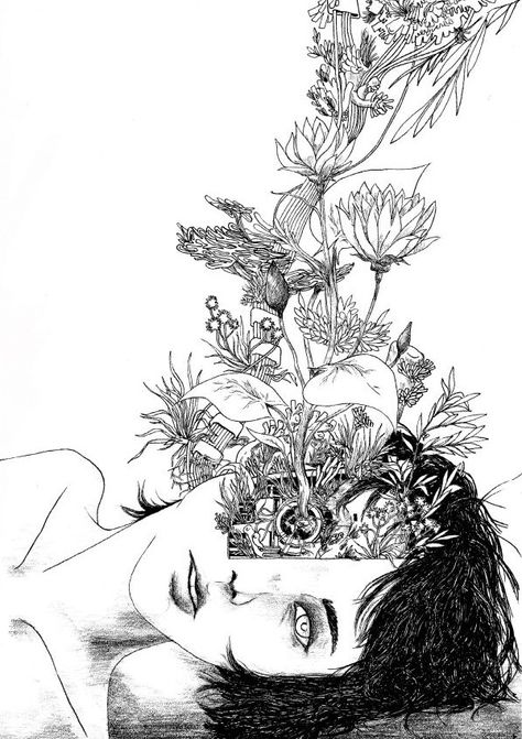 Head Drawing, Flowers Growing, Creepy Art, 영감을 주는 캐릭터, Funky Art, Surreal Art, Horror Art, Art Drawings Sketches, Ink Art