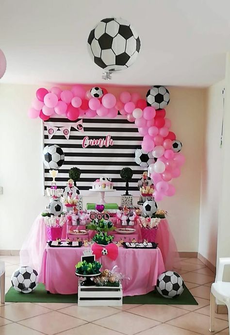 Pink Soccer Party, Girls Soccer Theme Birthday Party, Pink Soccer Birthday Party, Girl Soccer Birthday Party, Girls Soccer Birthday Party Ideas, Soccer Party Decorations, Soccer Birthday Cakes, Soccer Decor, Sports Baby Shower Theme