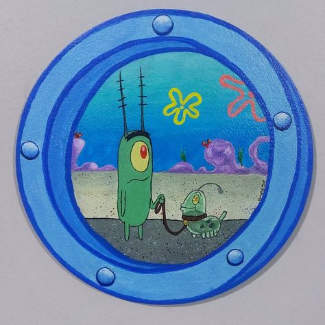 Spongebob Window, Plankton Spongebob, Cartoon Art Drawing, Spongebob Painting, Window Drawing, Circle Painting, Trippy Painting, Stitch Drawing, Record Art