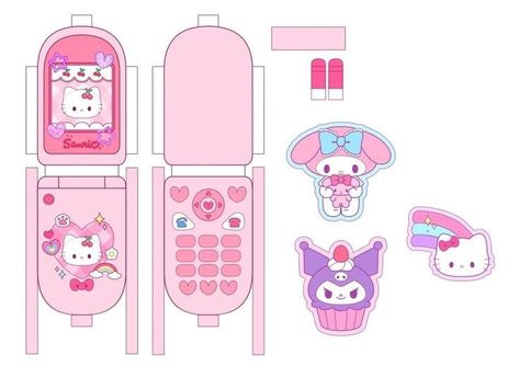 Flip Phone Papercraft, Paper Flip Phone, Flip Phone Template, Template Hello Kitty, Hello Kitty Flip Phone, Crafts Cardboard, Printable Diy Crafts, Kitty Crafts, 헬로키티 배경화면