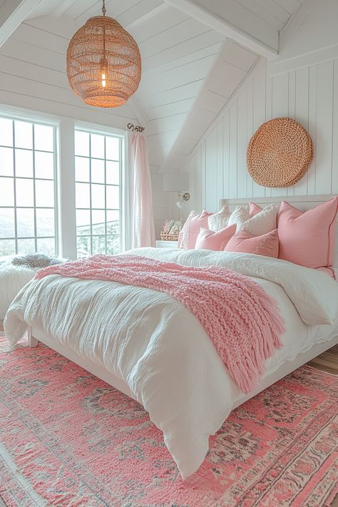 Create a spacious and stylish small bedroom using a white and pink color scheme.  These 27 ideas for small bedrooms will help you maximize space and create a dreamy retreat.  Embrace light and airy colors, and use mirrors and strategically placed furniture to create an illusion of more space. Pale Pink Girls Bedroom, All White Bedroom With Pops Of Color, Pink And White Girls Bedroom, Light Pink Room Ideas, Pink And Blue Room Ideas, Romantic Style Bedroom, Light Pink Room Aesthetic, White And Pink Bedroom Ideas, Bright And Airy Bedroom