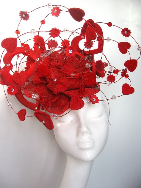 Red Costume Hats And Headpieces For Spring Party, Elegant Red Costume Hats And Headpieces For Events, Handmade Red Costume Hats And Headpieces, Heart Headpiece, Red Spring Hat Headpiece, Red Spring Event Fascinator, Valentines Shoot, Bespoke Hats, Mad Hat