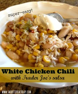 White Lightning Chili made with Trader Joe's salsa. Couldn't be easier! Healthy, and our whole family loves this dish! Must-pin! White Bean Chicken Chili Recipe, White Chicken Chili Slow Cooker, White Bean Chicken Chili, Crockpot White Chicken Chili, Entertaining Food, White Lightning, Chicken Chili Recipe, Corn Salsa, Free Meal Plans