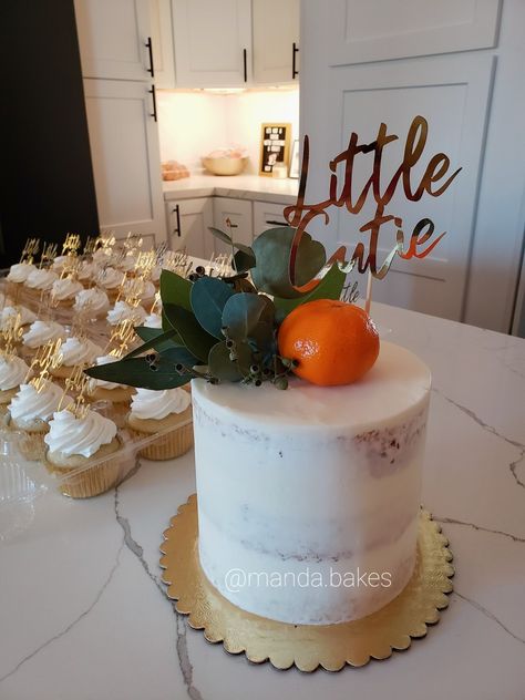 Cutie Themed Baby Shower Cake, Lil Cutie Cake, A Cutie Is On The Way Cake, Cutie Themed Cake, Little Cutie Cake Ideas, Cutie Orange Baby Shower Theme Cake, Gender Reveal Cutie Theme, Cutie Orange Baby Shower Theme Decor, Little Cutie Gender Reveal Decorations