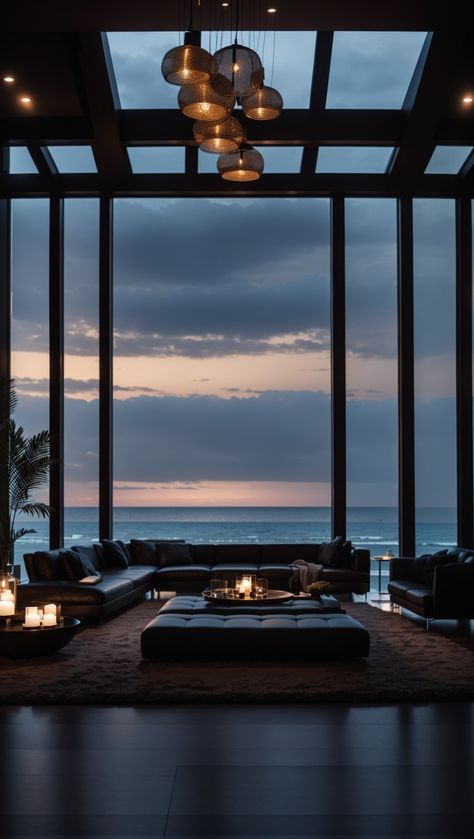 Dark luxury house on a beach Dark Beach House, Dark Luxury House, House On A Beach, Luxury Beach House Interior, All Black House, Mob Aesthetic, Dark House Aesthetic, Dark Modern House, Dark Mansion