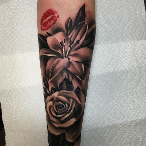 Lily Tattoo Cover Up Design, Masculine Lily Tattoo, Lily With Name Tattoo, Lilly Tattoo For Men, Lily Tattoo Design For Men, Lily Name Tattoo, Lily Hand Tattoo, Lily Rose Tattoo Ideas, Roses And Lilies Tattoo