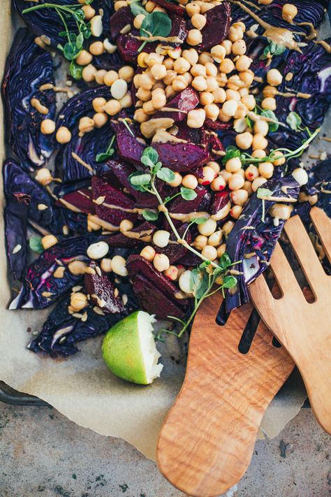 Warm Roasted Red Cabbage and Beet Salad with Chickpeas, Tamari and Lime Cabbage And Pasta, Roasted Red Cabbage, Warm Salads, Balanced Salad, Plated Salad, Salad With Chickpeas, Red Cabbage Recipes, Red Cabbage Salad, Red Cabbage Slaw