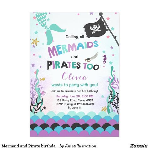 Under The Sea Birthday Invitations, Sea Birthday Invitations, Mermaid And Pirate, Pirate Birthday Party Invitations, Mermaid Pirate Party, Pirate Party Invitations, Pirate Birthday Invitations, Rainbow Themed Birthday Party, Pirate Invitations