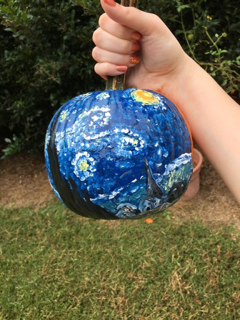 Van Gogh Pumpkin Painting, Painting Ideas Van Gogh, Van Gogh Pumpkin, Starry Night Pumpkin, Paint Pumpkin, Harry Potter Painting, Pumpkin Decorating Contest, Pumpkin Contest, Starry Night Painting