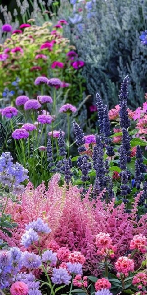 Dreamy Garden Aesthetic, Whimsical Flower Garden, Garden Flower Bed Ideas, Purple Flower Garden, Spring Flowers Garden, Ethereal Garden, Flower Bed Designs, Garden Flower Beds, Flower Bed Ideas