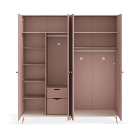 Designed with the internal arrangement in mind, our product offers shelves and partitions to store your belongings in an organised way. While the ventilation plug allows your belongings to breathe, the earthquake connection system increases the safety of the cabinet. Features dusky pink designed with brass leg finish has a restrained retro appeal. Our product, which is produced from materials harmless to human health, provides aesthetic touches with wooden handles and feet, while maintaining its durability. 2 clothes hangers allow you to hang your belongings in an organised way, while the internal structure of the cabinet provides practical storage. MDF framed left doors and Hazeran-looking self-printed interior surfaces emphasise elegance and quality. The storage capacity of the cabinet i 4 Doors Wardrobe, Baby Cupboard, Doors Wardrobe, Luxury Bar Stools, 4 Door Wardrobe, Luxury Bar, Wardrobe With Dressing Table, Clothes Hangers, Cabinet Features