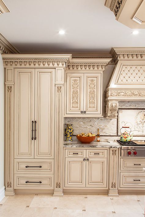 hand-carved-kitchen-carpentry Carved Kitchen Cabinets, French Kitchen Cabinets, Luxury Kitchen Island Design, Classic Kitchen Design Wood, French Provincial Kitchen Cabinets, Elegant Kitchen Cabinets, French Style Cabinets, Country French Kitchen, Cream Colored Kitchen Cabinets