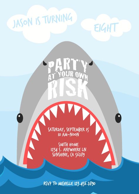 Shark Party Ideas | Find everything you need to throw a DIY shark theme party. From decorations to games, printables, invitations, favors, snacks and more, you'll find it all here! #sharkparty #party #kidsparty #partyprintables #birthday #birthdayparty #partyideas #themedbirthdayparties #kids #kidsactivities #birthdayparties Shark Theme Party, Shark Party Ideas, Shark Party Invitations, Shark Birthday Party Invitation, Birthday Party Invitations Diy, Shark Week Party, Shark Themed Party, Shark Birthday Invitations, Shark Themed Birthday Party