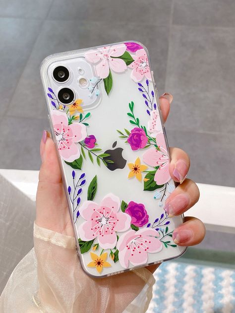 Clear Case Painting Ideas, Phone Back Cover Ideas, Painting On Phone Case, Hand Painted Phone Case, Custom Phone Cases Ideas, Phone Case Painting, Artsy Phone Cases, Pink Purple Flowers, Phone Case Diy Paint