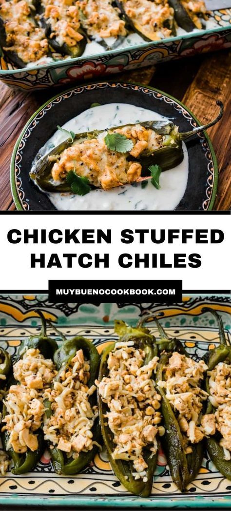 Are you a fan of Chiles Rellenos? These chicken stuffed hatch chiles from Muy Bueno Cookbook are filled with a spicy Tex-Mex-inspired mixture of chicken, corn kernels, and queso Oaxaca. Bake and serve these in a rich and flavorful cilantro cream sauce. Every bite contains delicious Mexican flavors. Hatch Chili Peppers, Cilantro Cream Sauce, Hatch Green Chili Recipe, Roasted Chili Peppers, Hatch Chili Recipes, Bueno Recipes, Hatch Chile Recipes, Hatch Chiles, Green Chile Recipes