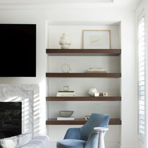 Floating Shelves Beside Fireplace - Photos & Ideas | Houzz Fireplace Shelves Floating, Fire Place Shelves, Floating Shelves On Side Of Fireplace, Floating Shelves Beside Fireplace, Shelves Beside Fireplace, Floating Shelves Fireplace, Shelves Next To Fireplace, Beside Fireplace, Fireplace Pictures Ideas