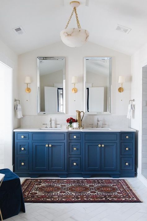 Bathroom vanity paint color is Benjamin Moore Newburyport blue Navy Vanity Master Bath, Indigo Bathroom Vanity, Indigo Bathroom, Newburyport Blue, Blue Cupboards, Gray Bathroom Decor, Master Ensuite, Cottage Bathroom, Cabinet Color