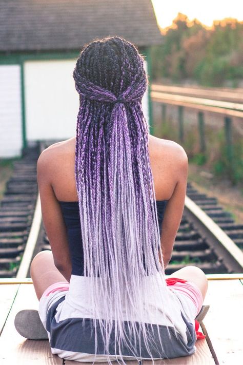 Black to Purple to Grey/Lavender Ombre Box braids. I love wearing colored long braids as a protective style for my natural hair!   #protectivestyle #boxbraids #naturalhair Purple Box Braids, Ombre Box Braids, Black Box Braids, African Natural Hairstyles, Purple Braids, Purple Ombre Hair, Blonde Box Braids, Short Ombre Hair, Short Box Braids