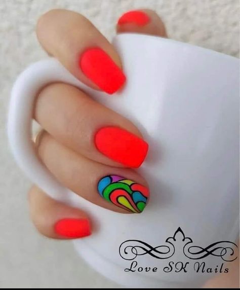 Orangey Red Nails Design, Summer Nails 2023, Neon Nail Designs, Nail Art For Beginners, Vibrant Nails, Pretty Nail Art Designs, Nails 2023, Spring Nail Art, Pretty Nail Art