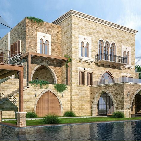 Lebanese House, Lebanese Architecture, Houses Traditional, Arabic House, Arabic Architecture, Indian House Exterior Design, Glass House Design, Sims Houses, Classic Villa