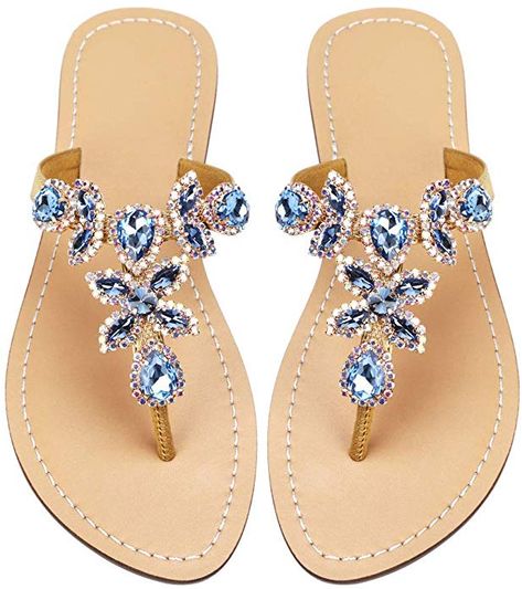 Amazon.com | Hinyyrin Women's Summer Rhinestone Bling Wedding Sandals, Glitter Jeweled Sandals, Dressy Flat Sandals, Beach Flip-Flops, Size 7 Blue&Gold | Flats Rhinestone Wedding Sandals, Dressy Flat Sandals, Dressy Flip Flops, Sandals Glitter, Blue Bridal Shoes, Dressy Flats, Bling Sandals, Jeweled Shoes, Crystal Sandals